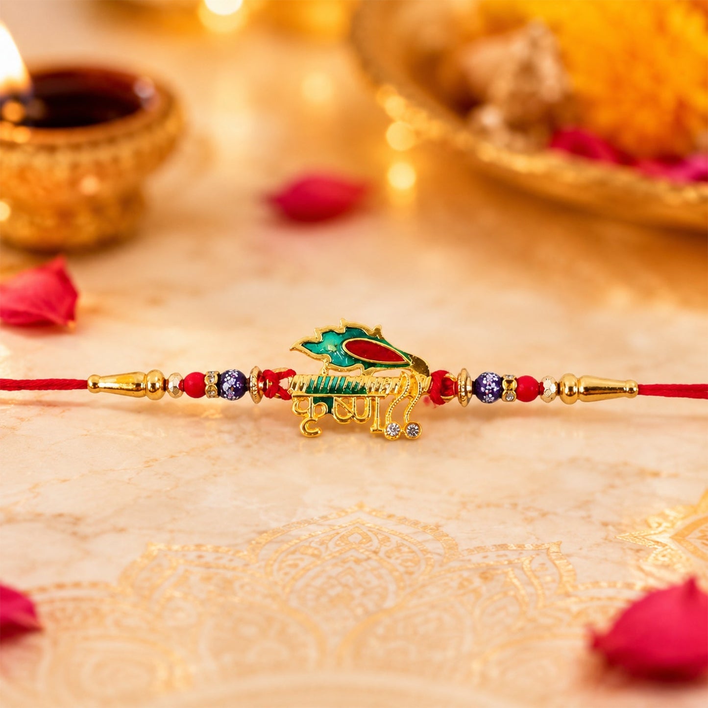 Elegant designer Rakhi with red and blue beads for festive gifting