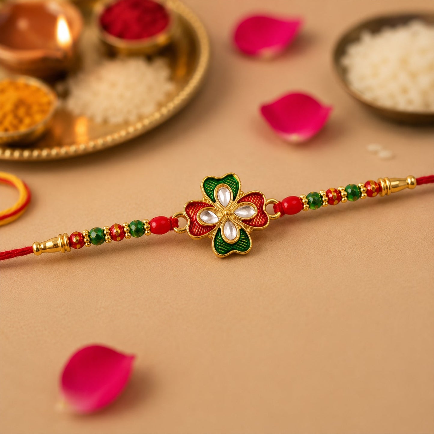 Stylish floral stone designer rakhi with multicolor beads on soft thread