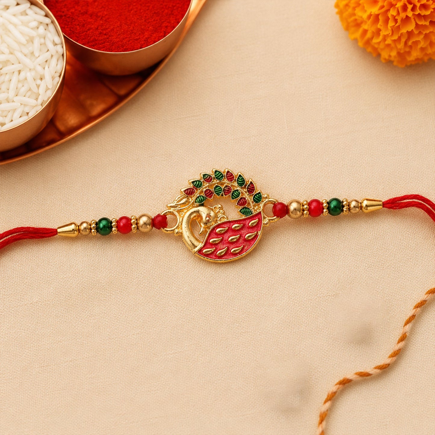 Elegant peacock Rakhi with stones and beads on soft thread