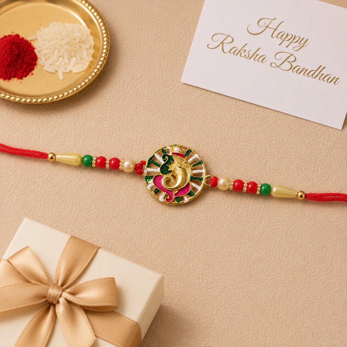 Ganesha Rakhi with decorative beads and stones, perfect for Rakshabandhan