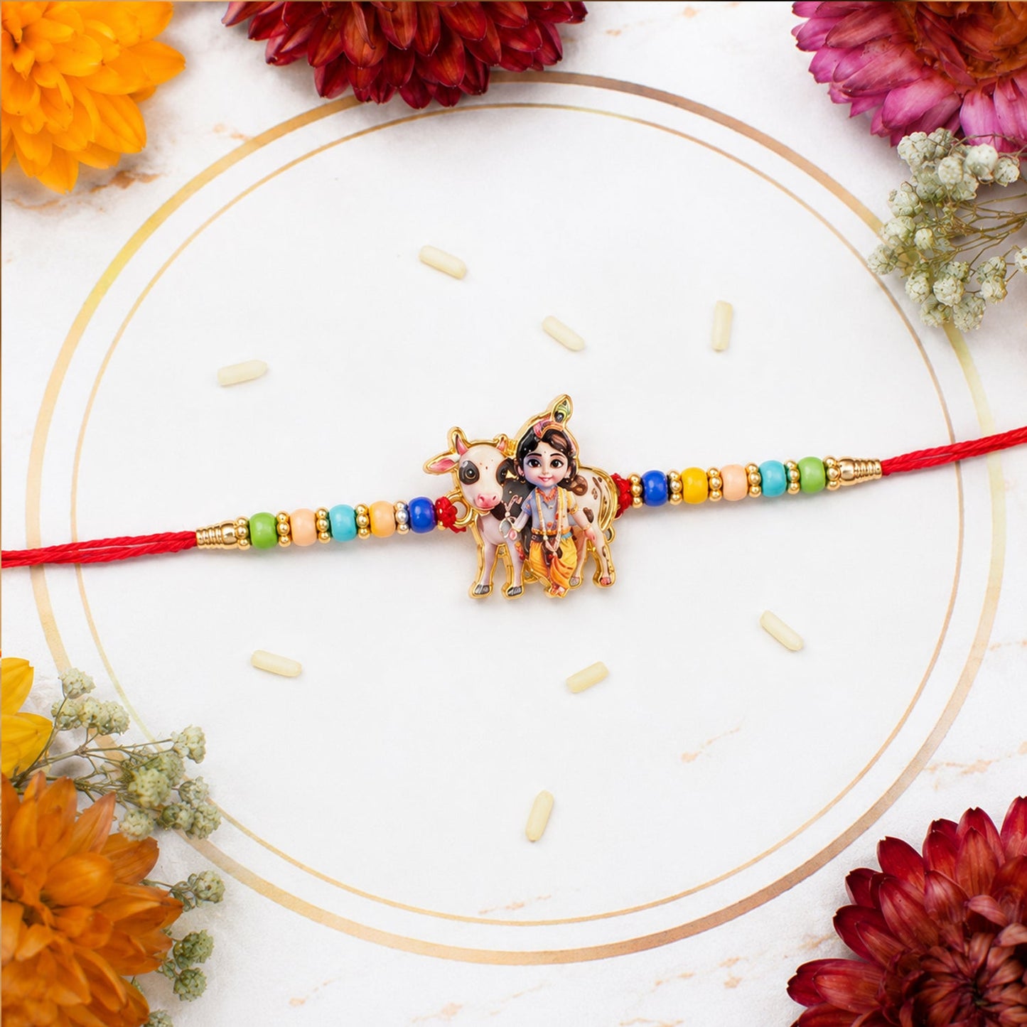 Close-up of Lord Krishna figurine centerpiece on the Rakhi.