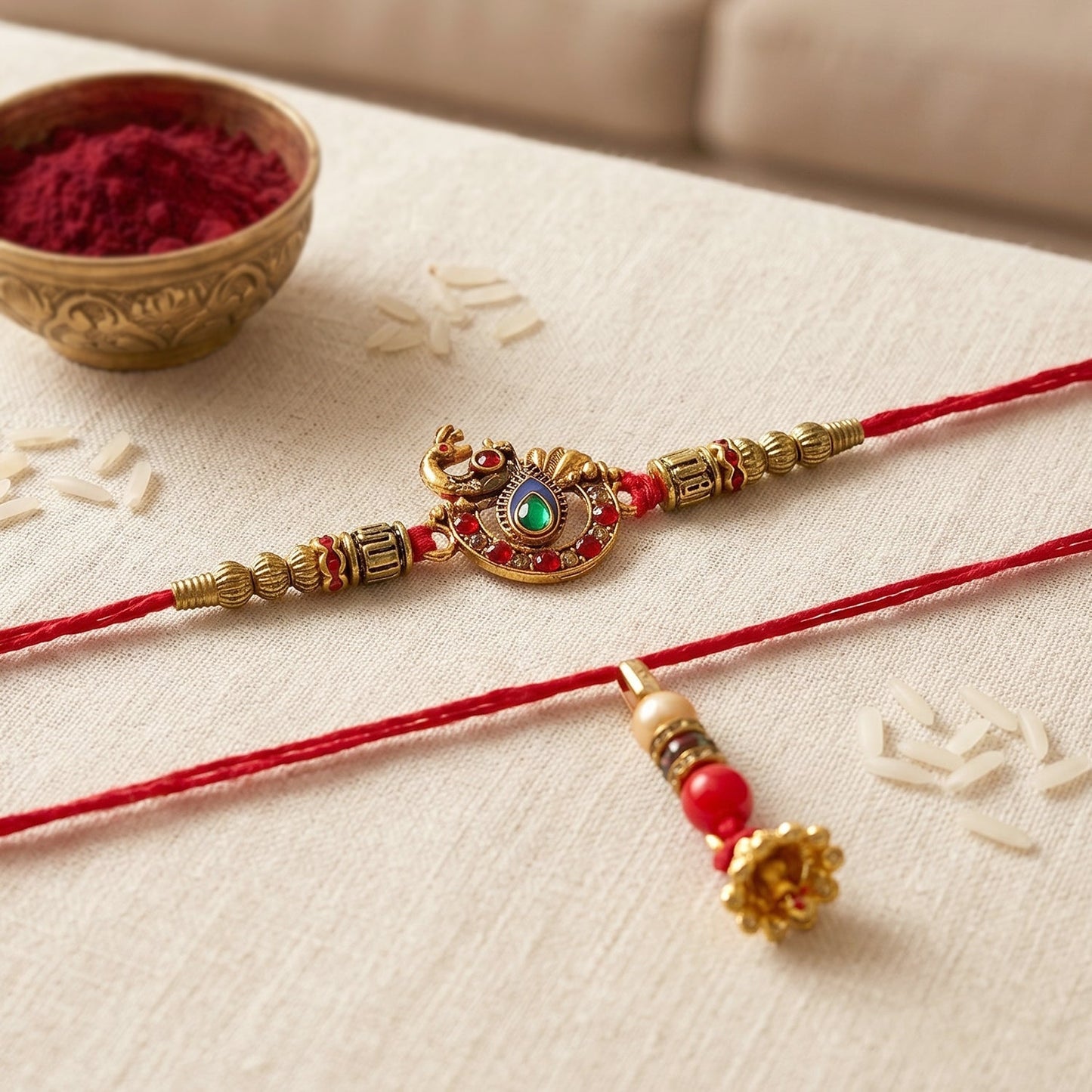 Detailed view of pearl latkan on Kundan Peacock Bhabhi Rakhi highlighting fine craftsmanship