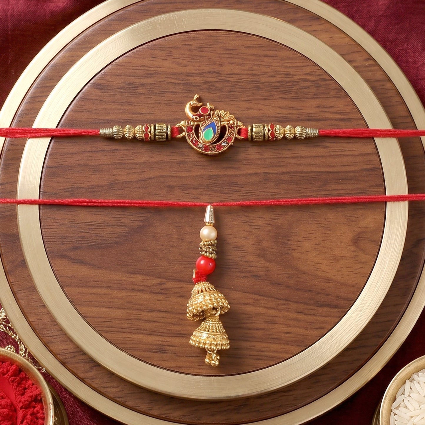 Detailed view of Peacock Pendant Bhabhi Rakhi with Jhumka Latkan