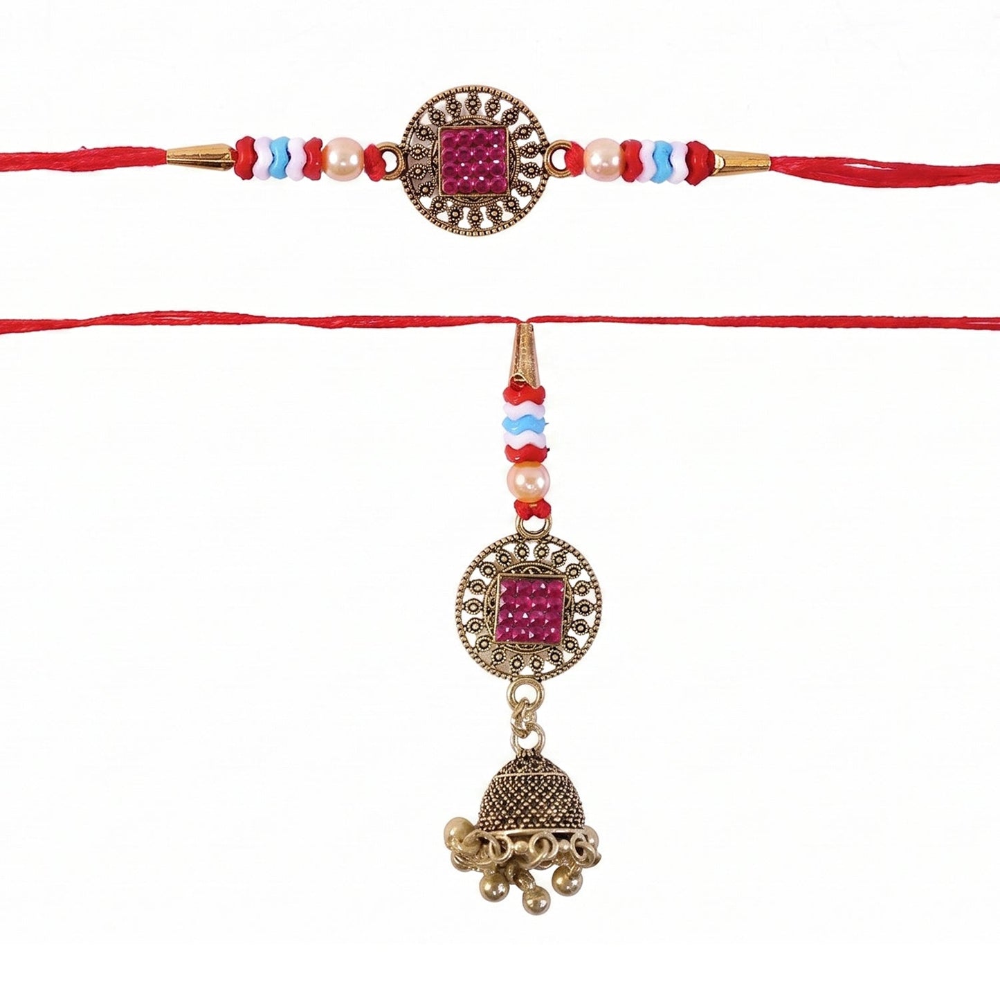 Side view of Meenakari Bead Bhabhi Rakhi with golden latkan