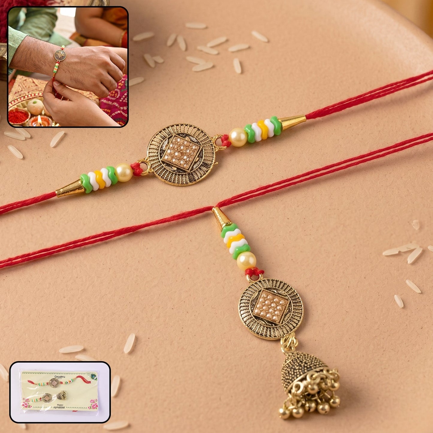 Antique coin Bhabhi Rakhi with beads and latkan, close-up of intricate design