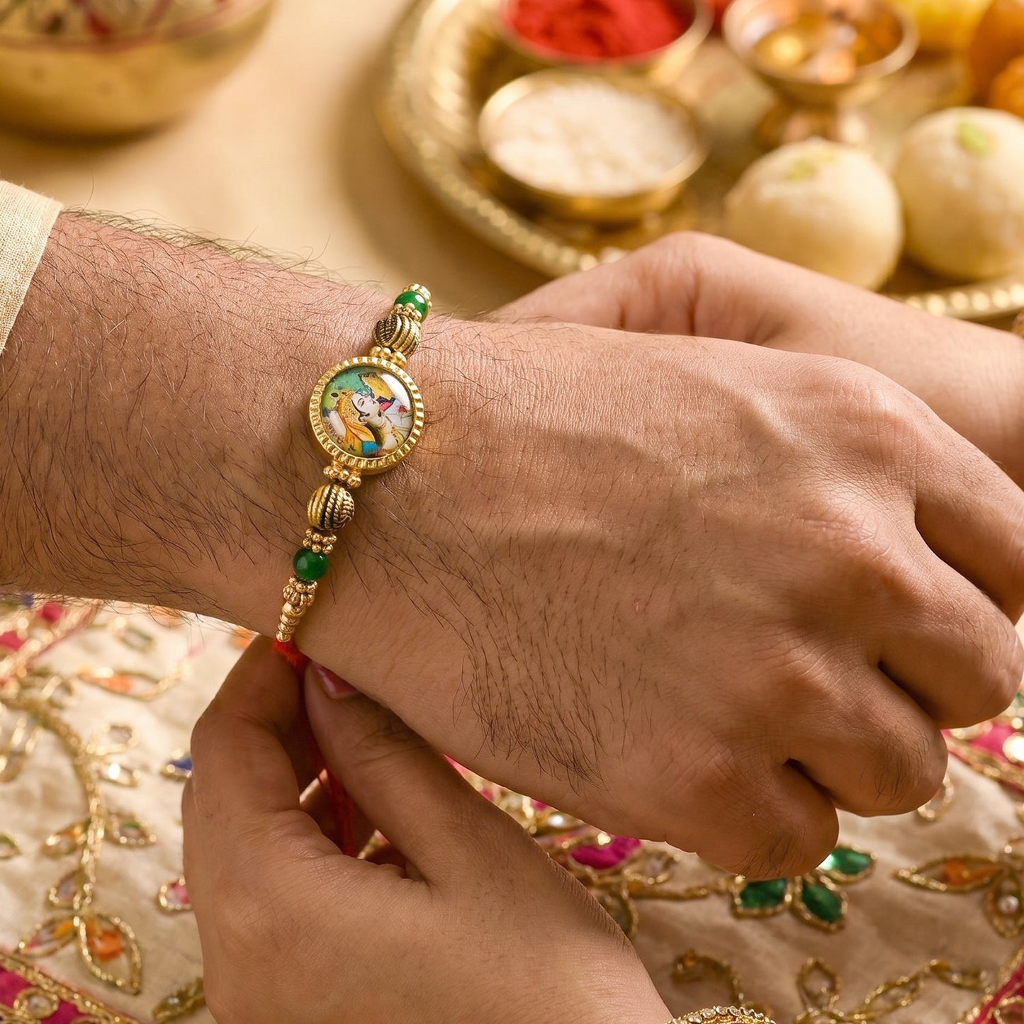 Top view of vibrant Peacock Charm Bhabhi Rakhi with beads and intricate details
