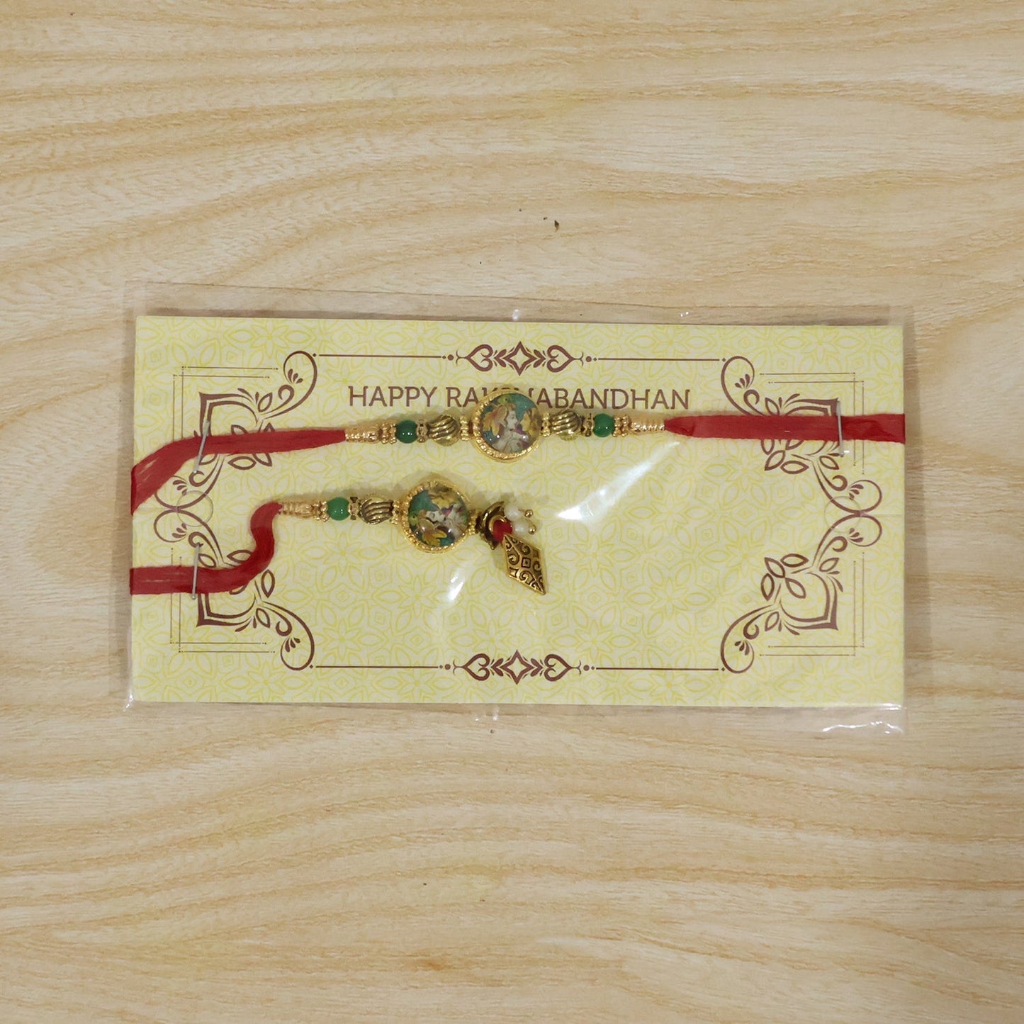 Full view of Peacock Charm Bhabhi Rakhi displaying colors and design elements