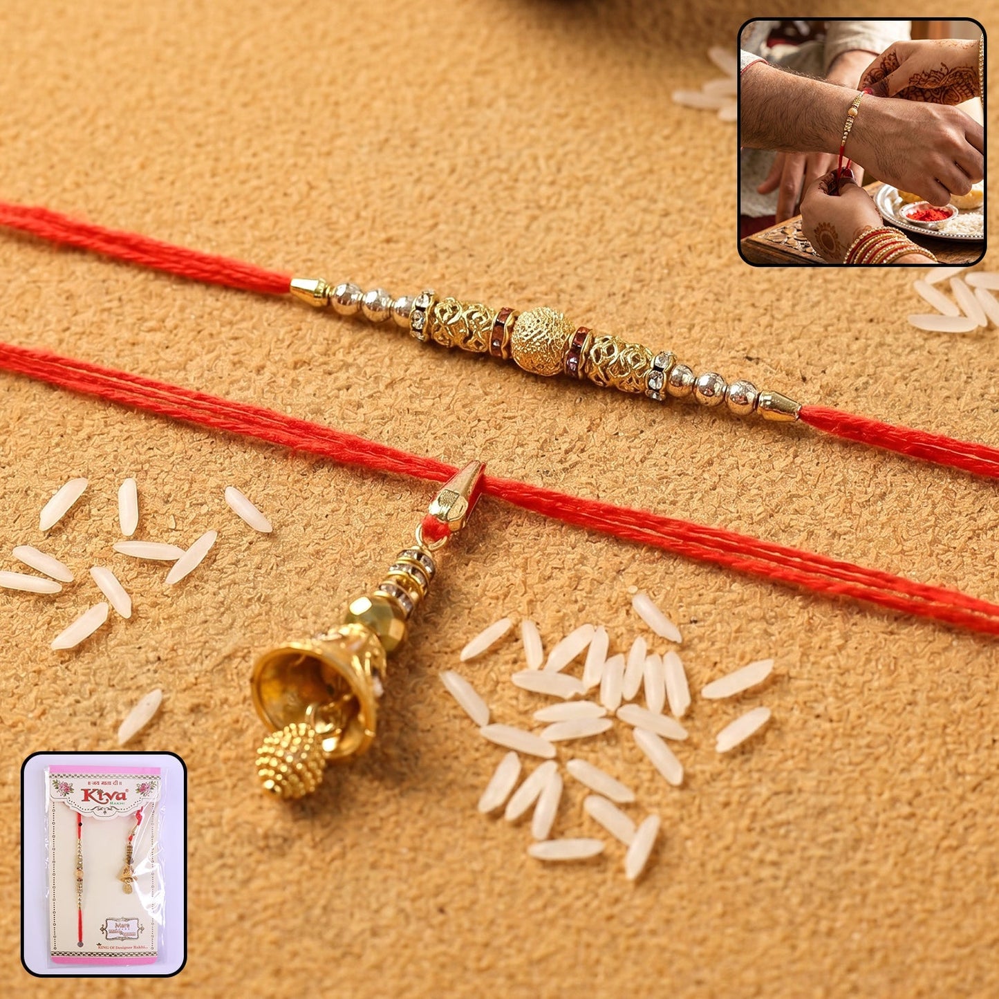 Golden Bhabhi Rakhi with pearl drop latkan on white background