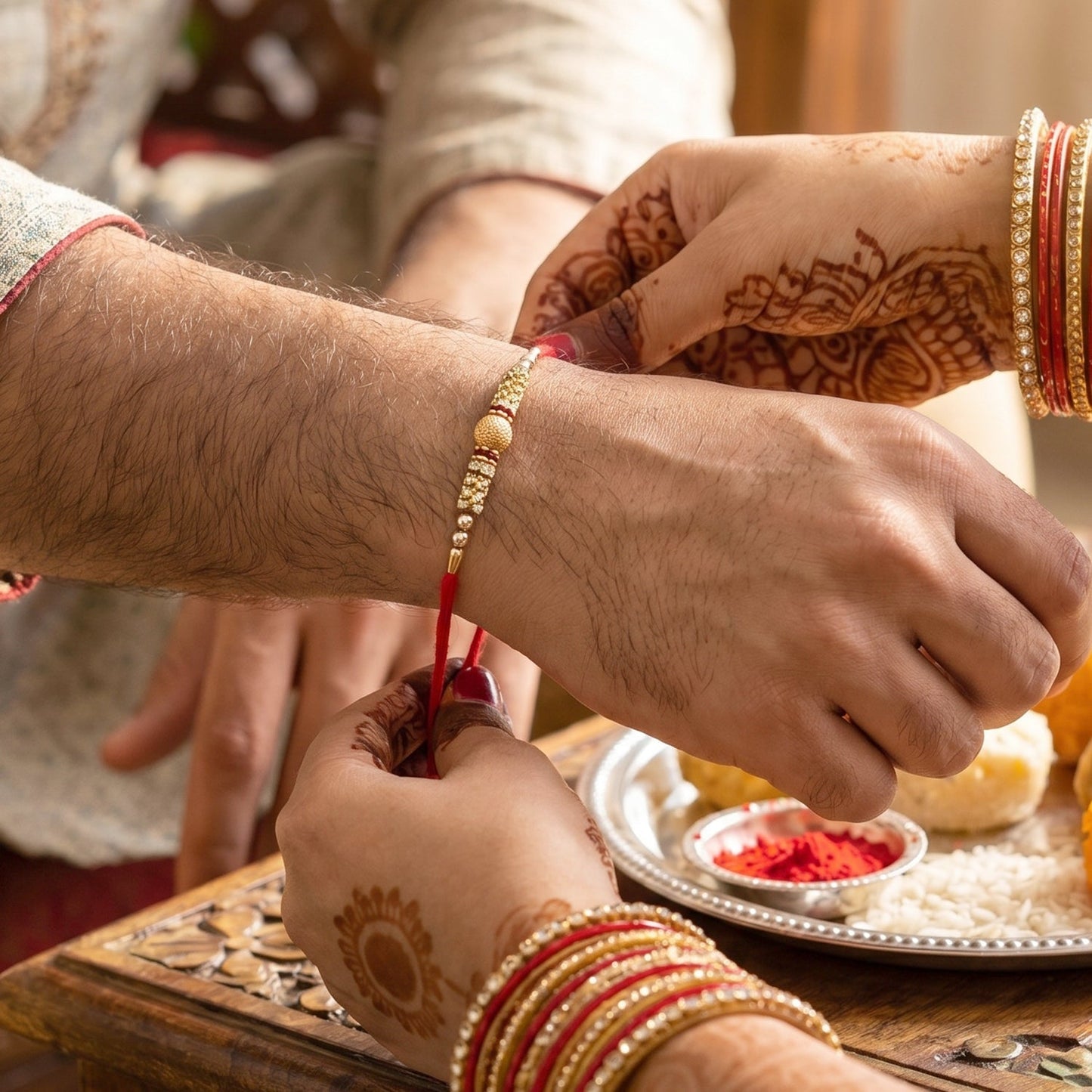 Detailed view of pearl drop latkan on Bhabhi Rakhi