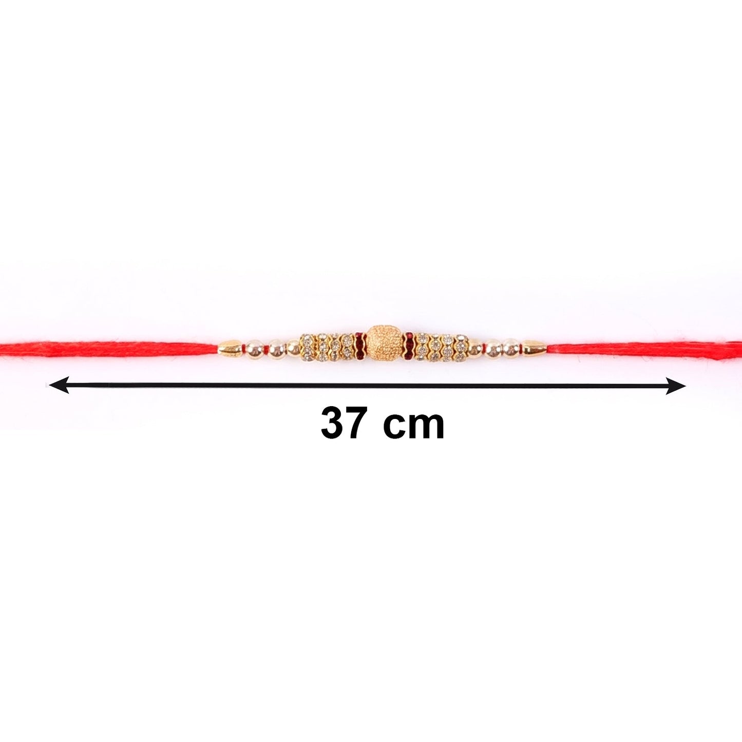 Flat laid out golden Bhabhi Rakhi showing pearl drop latkan