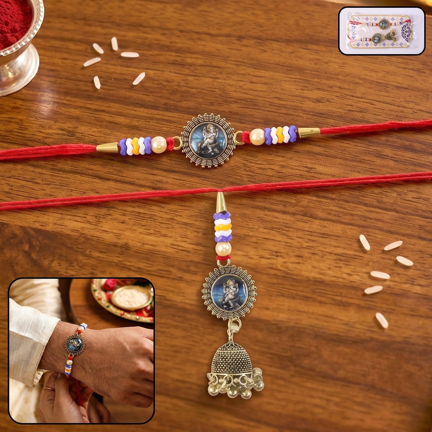 Close-up of oxidised Bhabhi Rakhi with beads and latkan