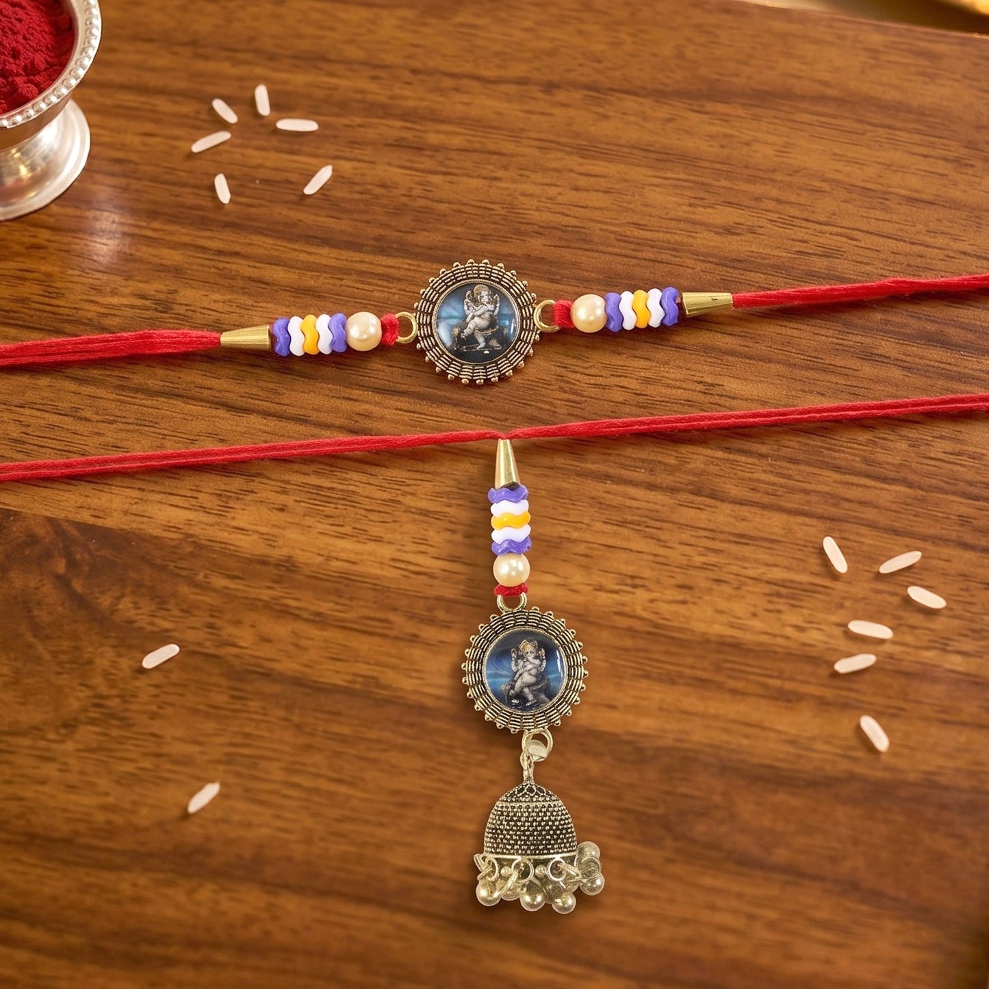 Detailed view of handcrafted oxidised Bhabhi Rakhi with beads