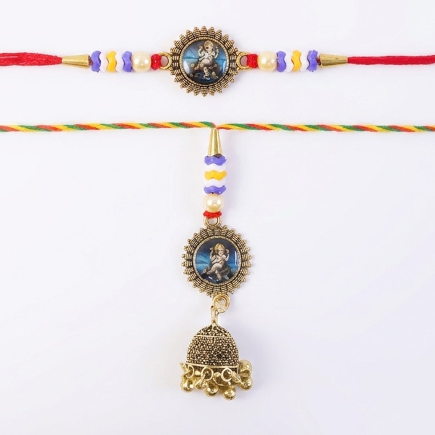 Full view of oxidised Bhabhi Rakhi with beads and latkan