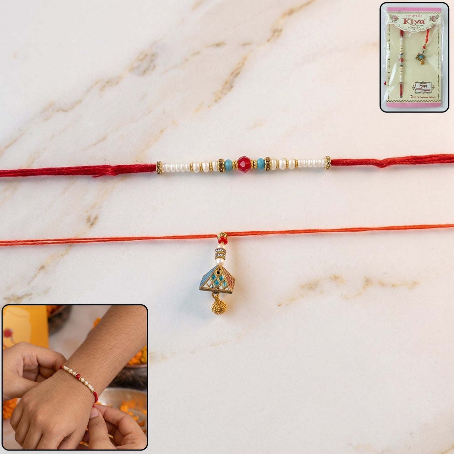 Delicate Bead Bhabhi Rakhi with elegant latkan on a white background