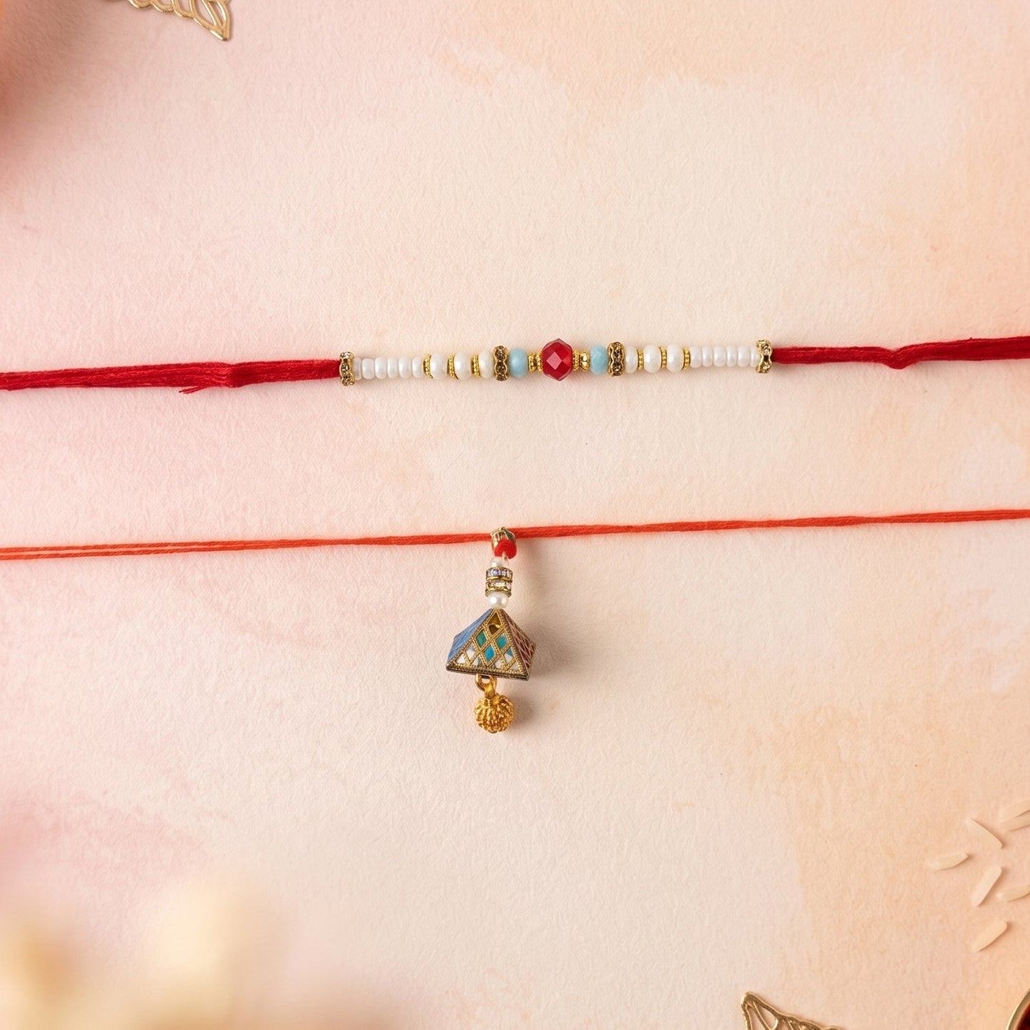 Close-up of bead work and elegant latkan on Bhabhi Rakhi