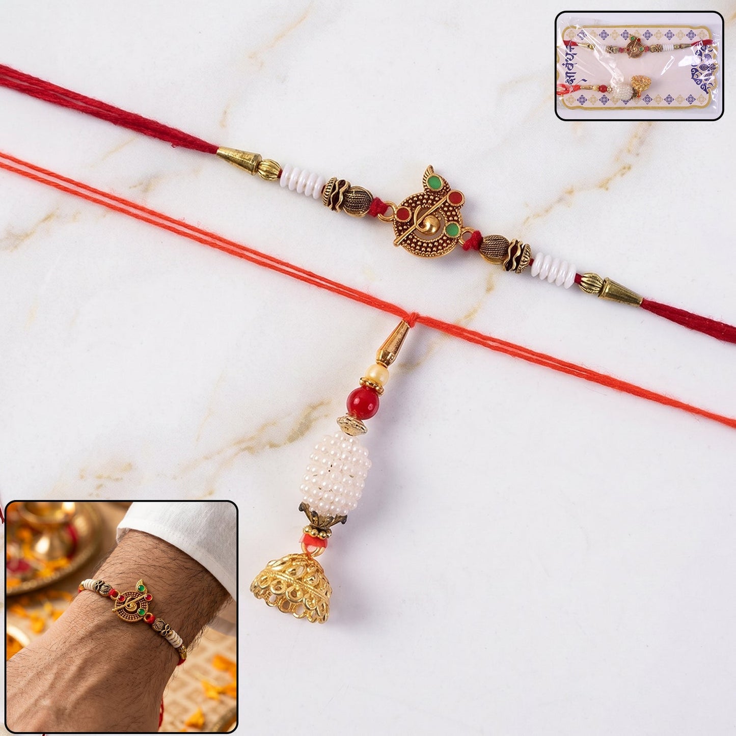 Pearl Peacock Bhabhi Rakhi with golden tassel laid out flat