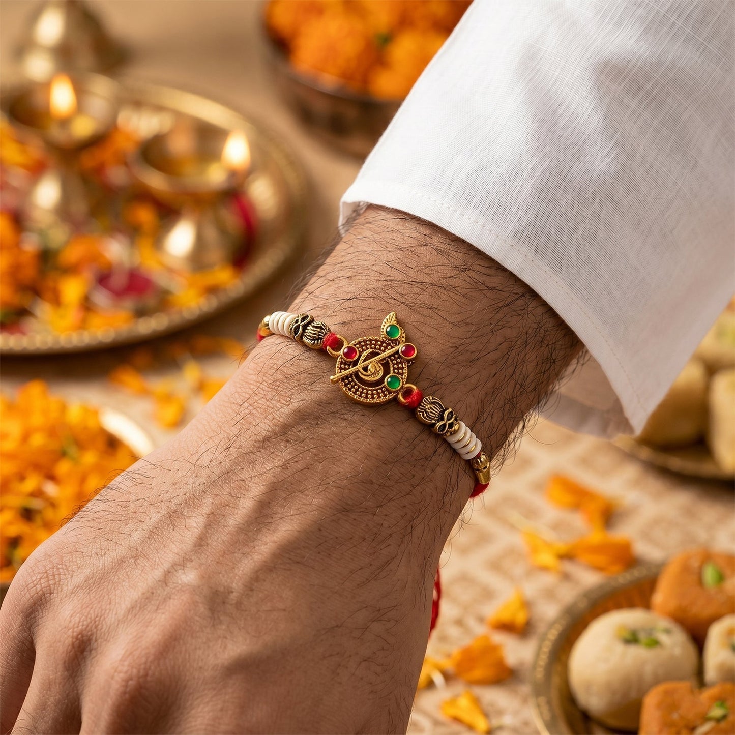 Side view of Pearl Peacock Bhabhi Rakhi highlighting peacock details