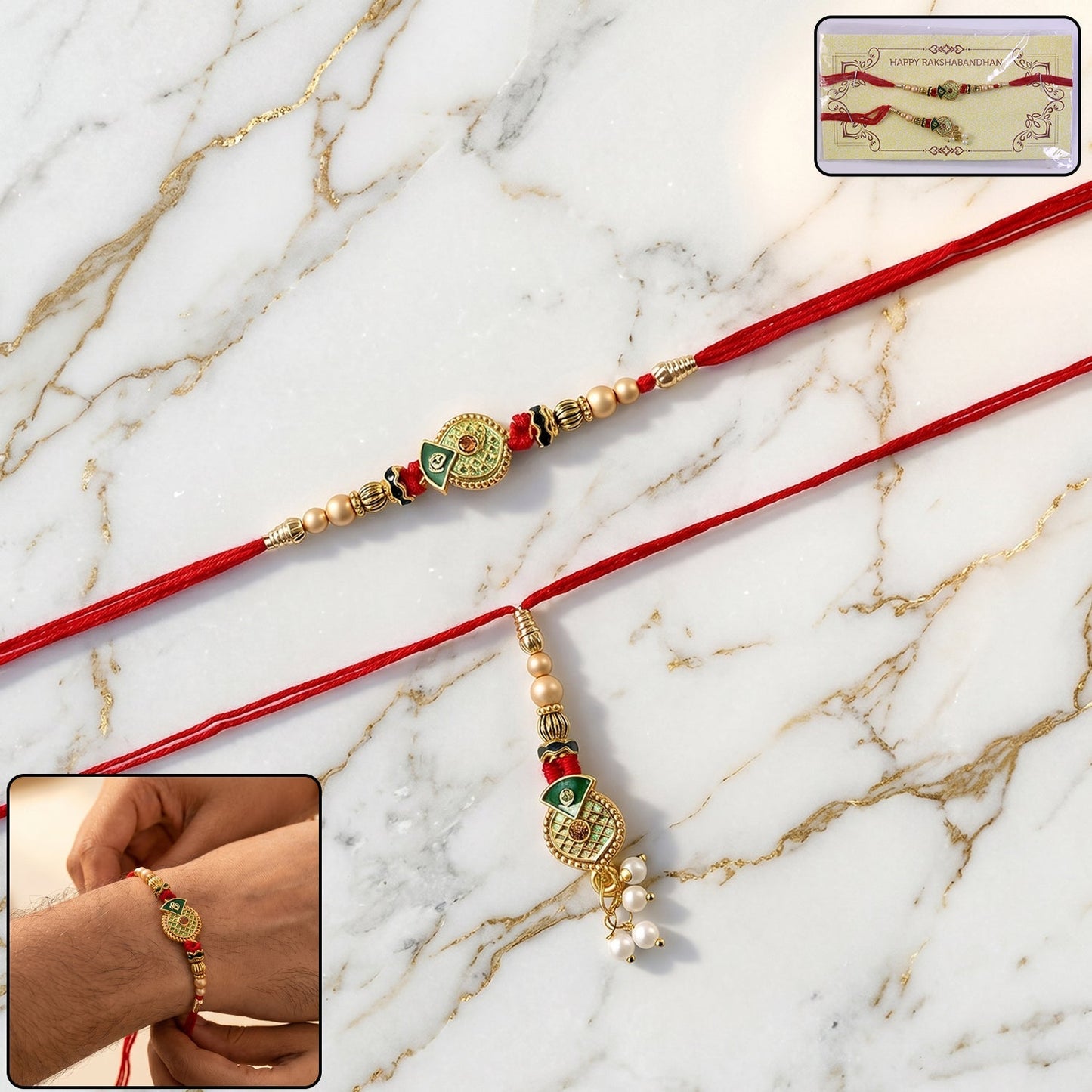 Close-up of Floral Stone Bhabhi Rakhi with Pearl Latkan design