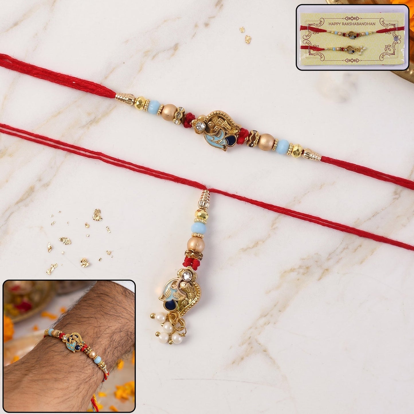 Side angle of Pearl Bead Bhabhi Rakhi with thread and beads