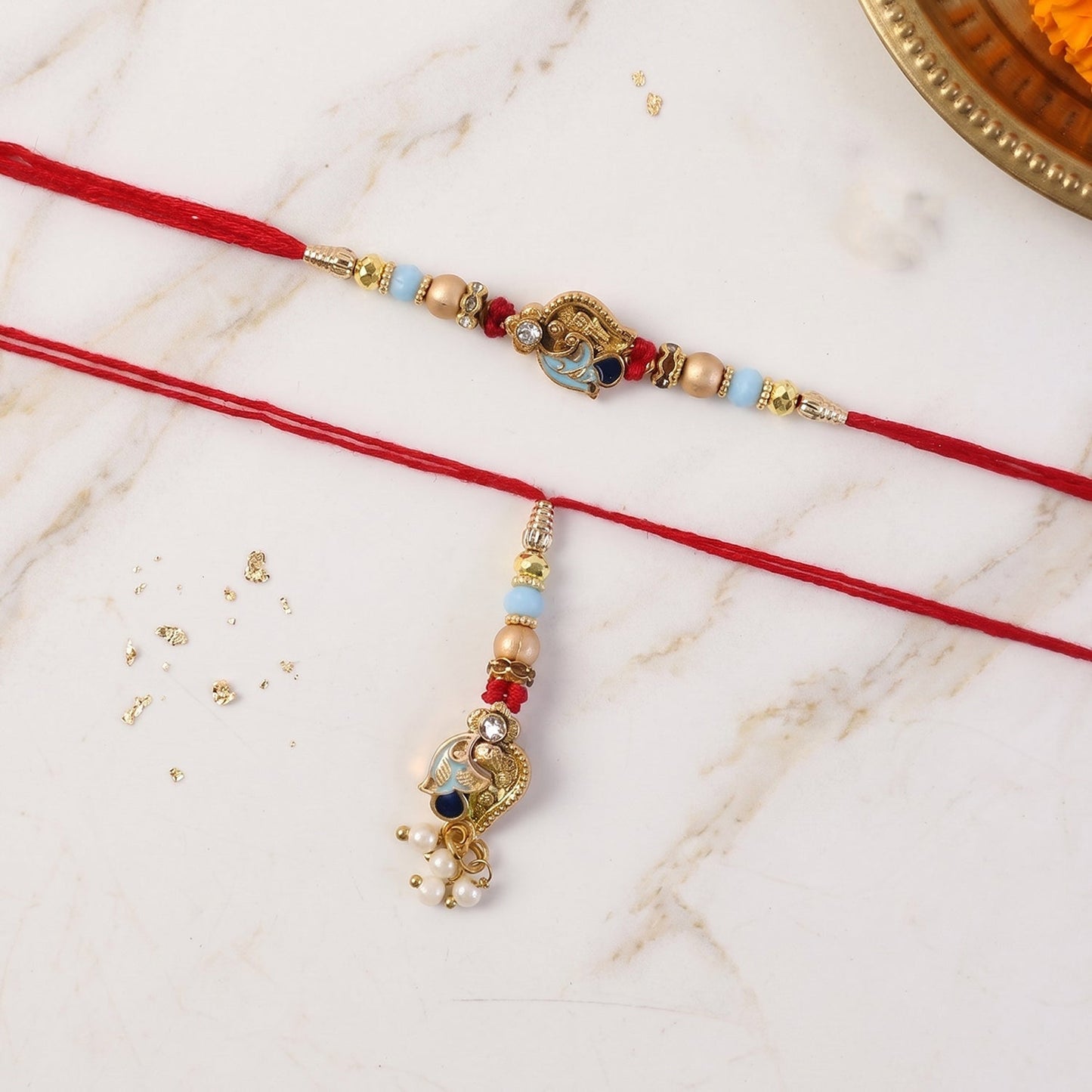 Pearl Bead Bhabhi Rakhi with colorful Latkan full view