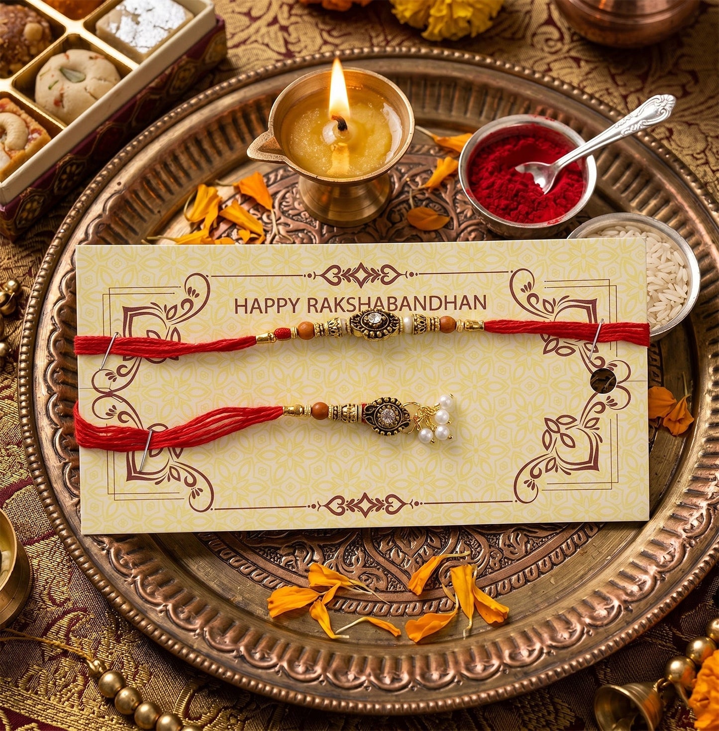 Close-up of Antique stone Bhabhi Rakhi with pearl beads