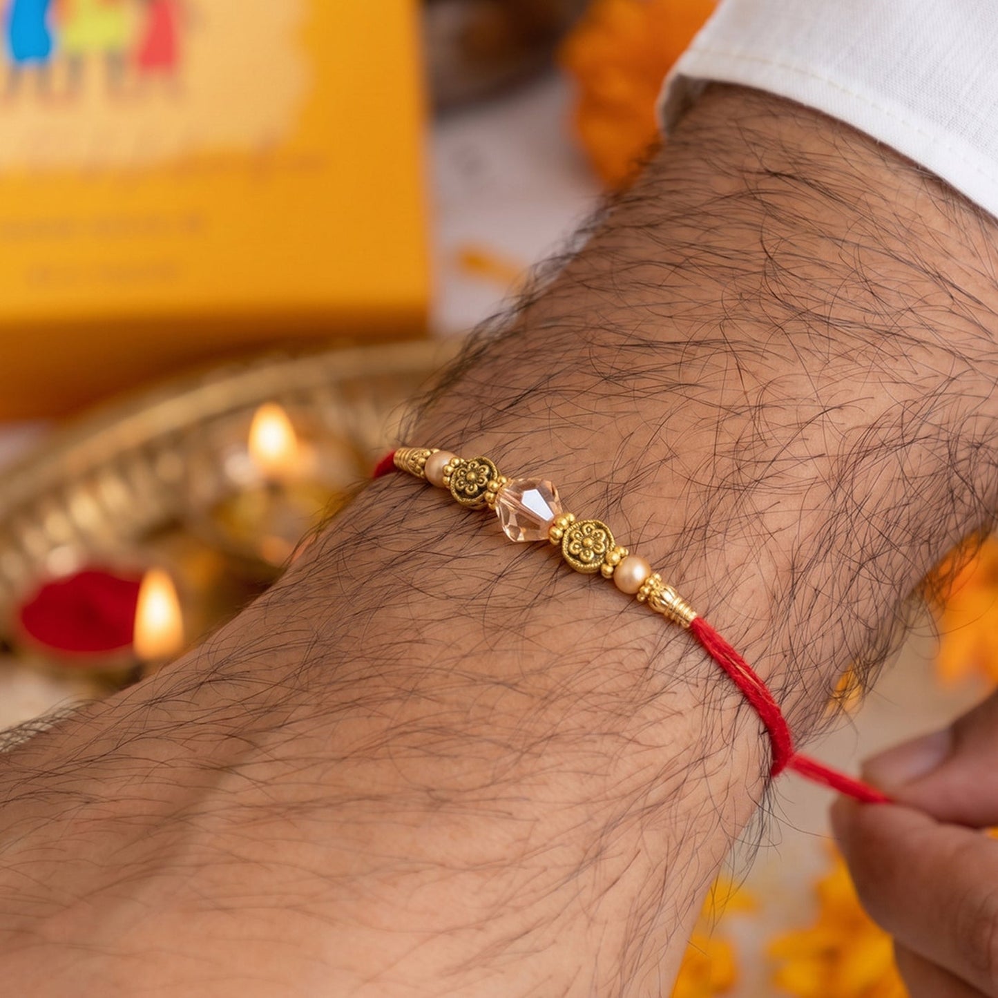 Detailed view of intricate peacock design on Rakhi