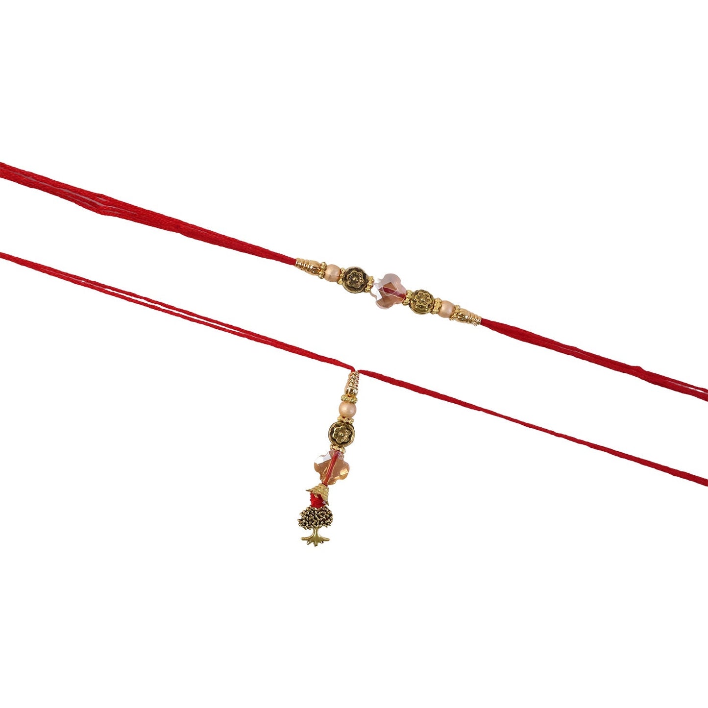 Full design view of golden Bhabhi Rakhi with pearl accents