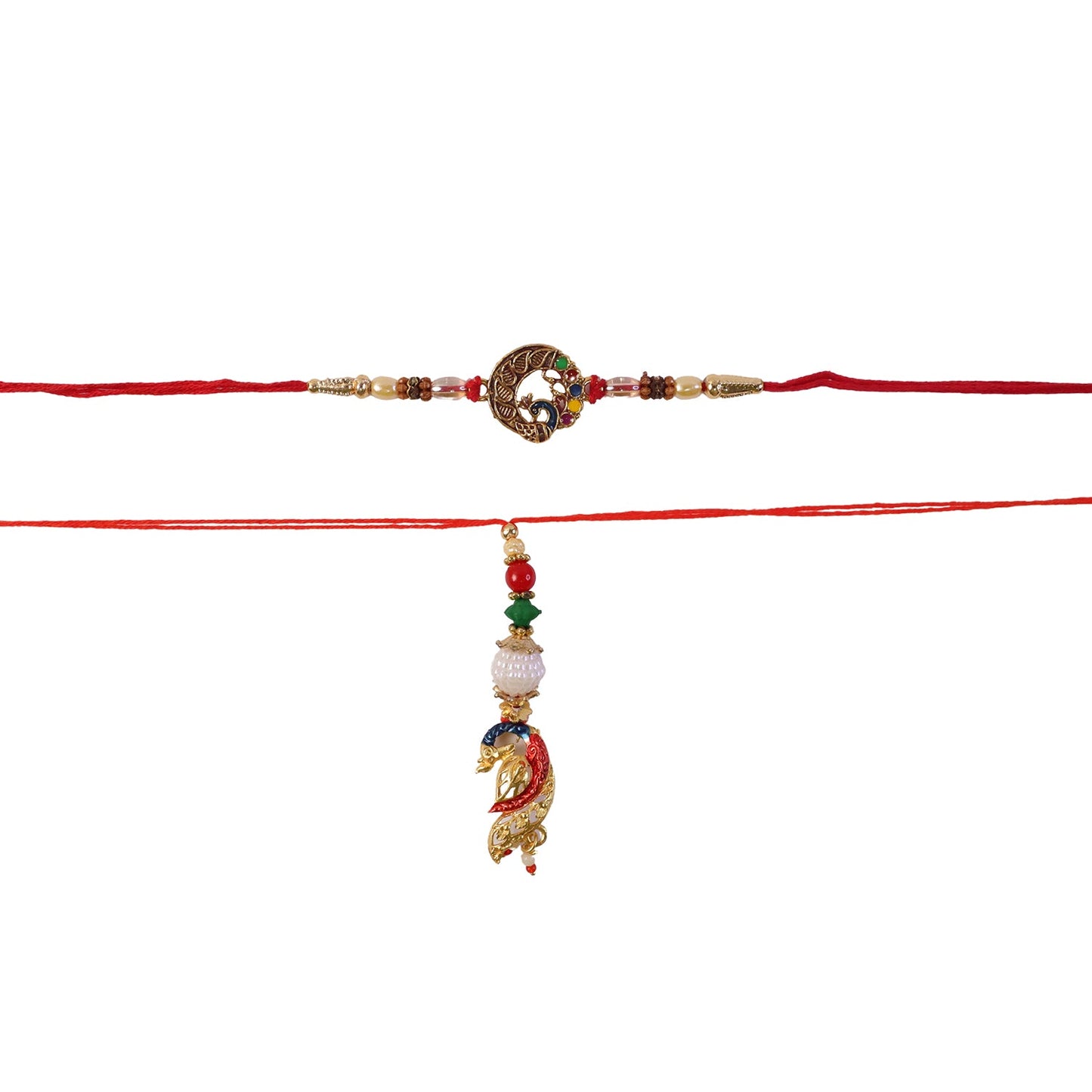 Peacock pendant detail of Bhabhi Rakhi with thread