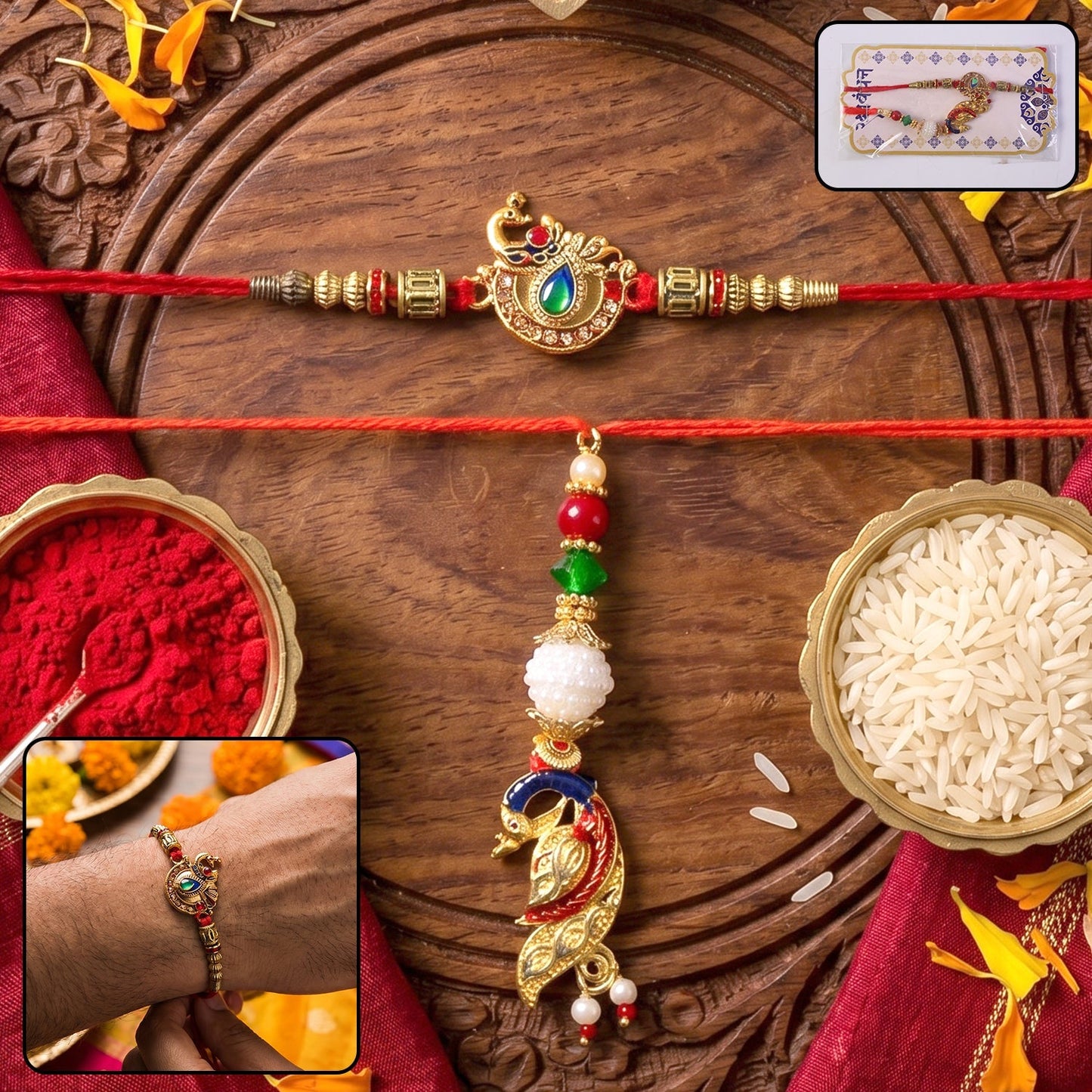 Peacock Kundan Bhabhi Rakhi with Pearl Latkan on white background