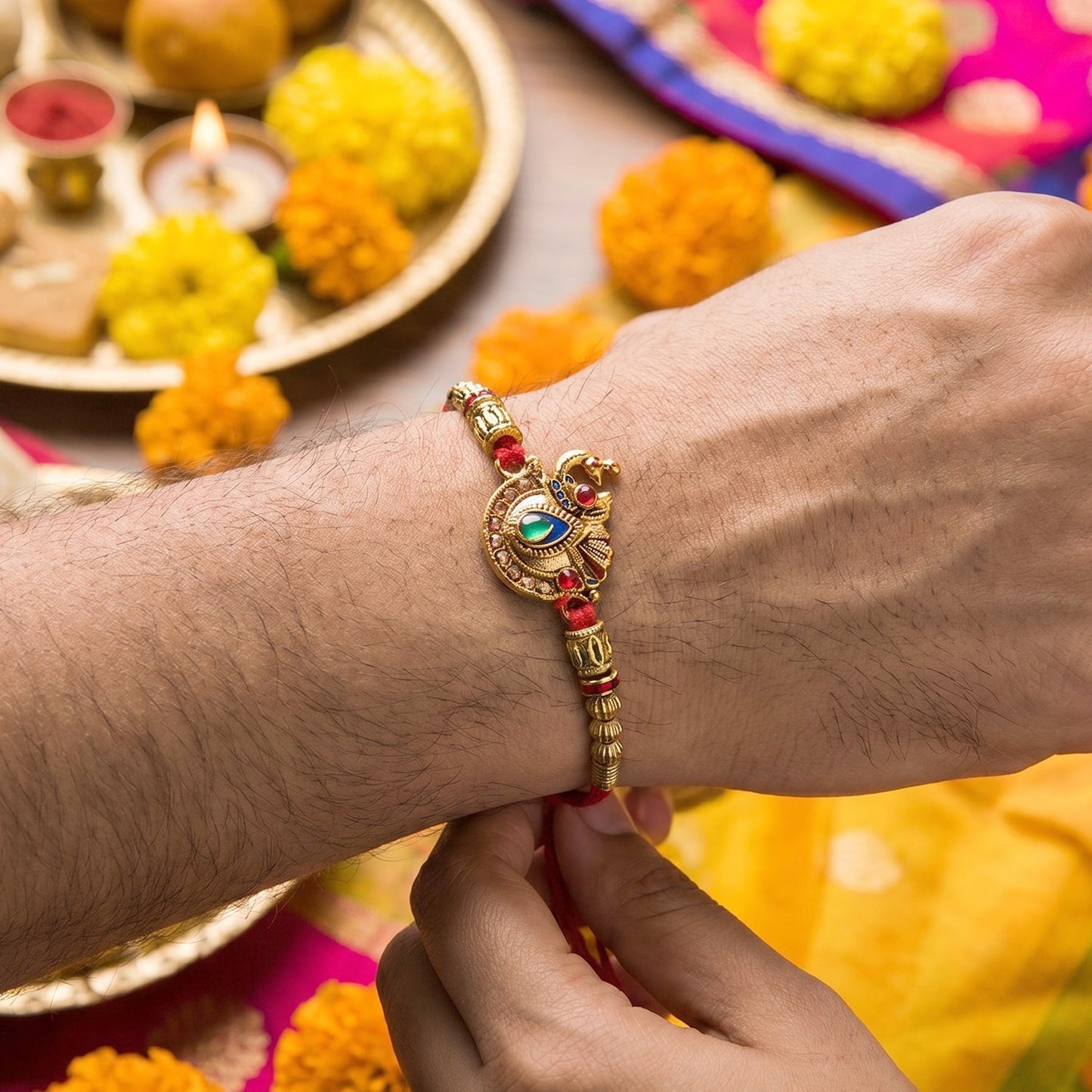 Detailed view of peacock and pearl design on Bhabhi Rakhi