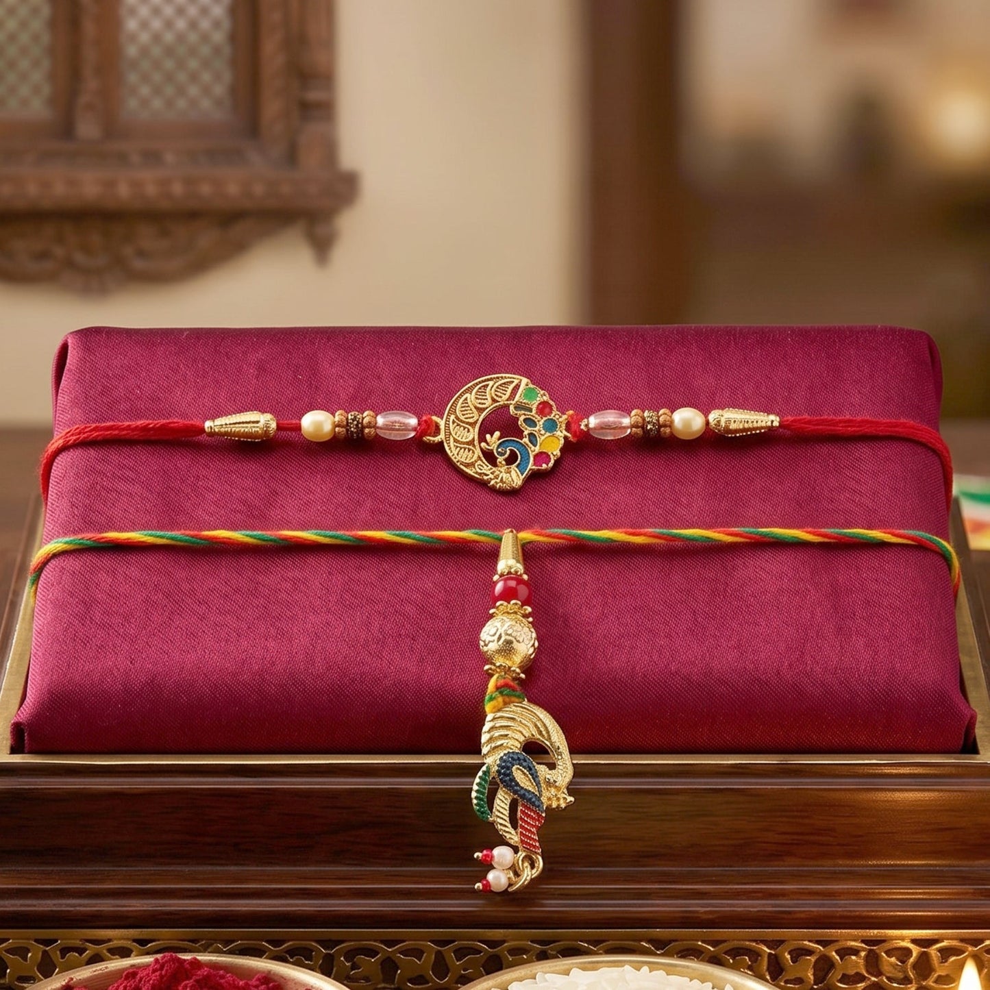 Side view of Bhabhi Rakhi with maroon gift box