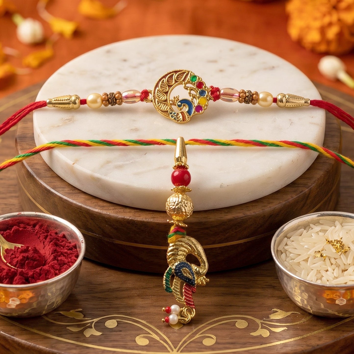 Hands tying Peacock Charm Bhabhi Rakhi
