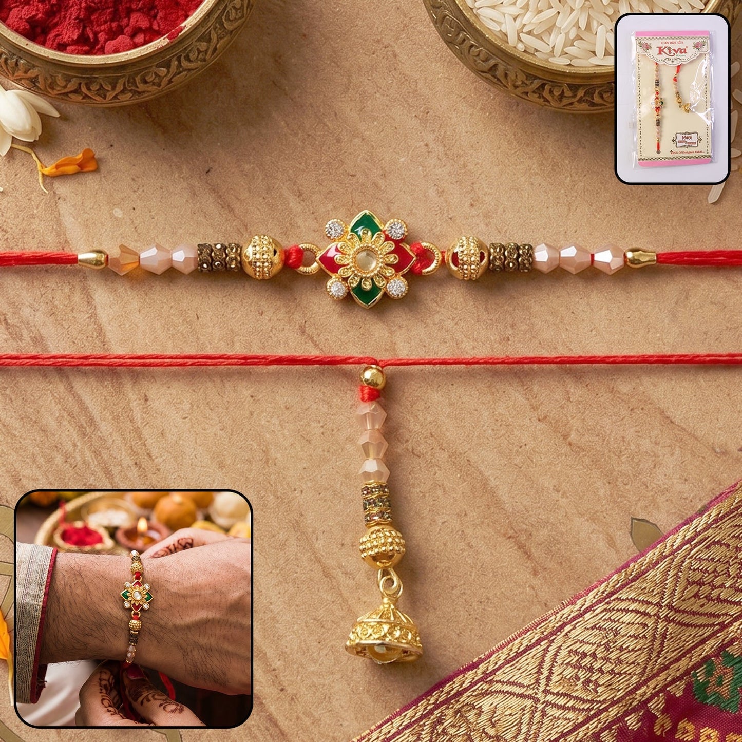 Front view of Floral Pearl Bhabhi Rakhi with golden latkan