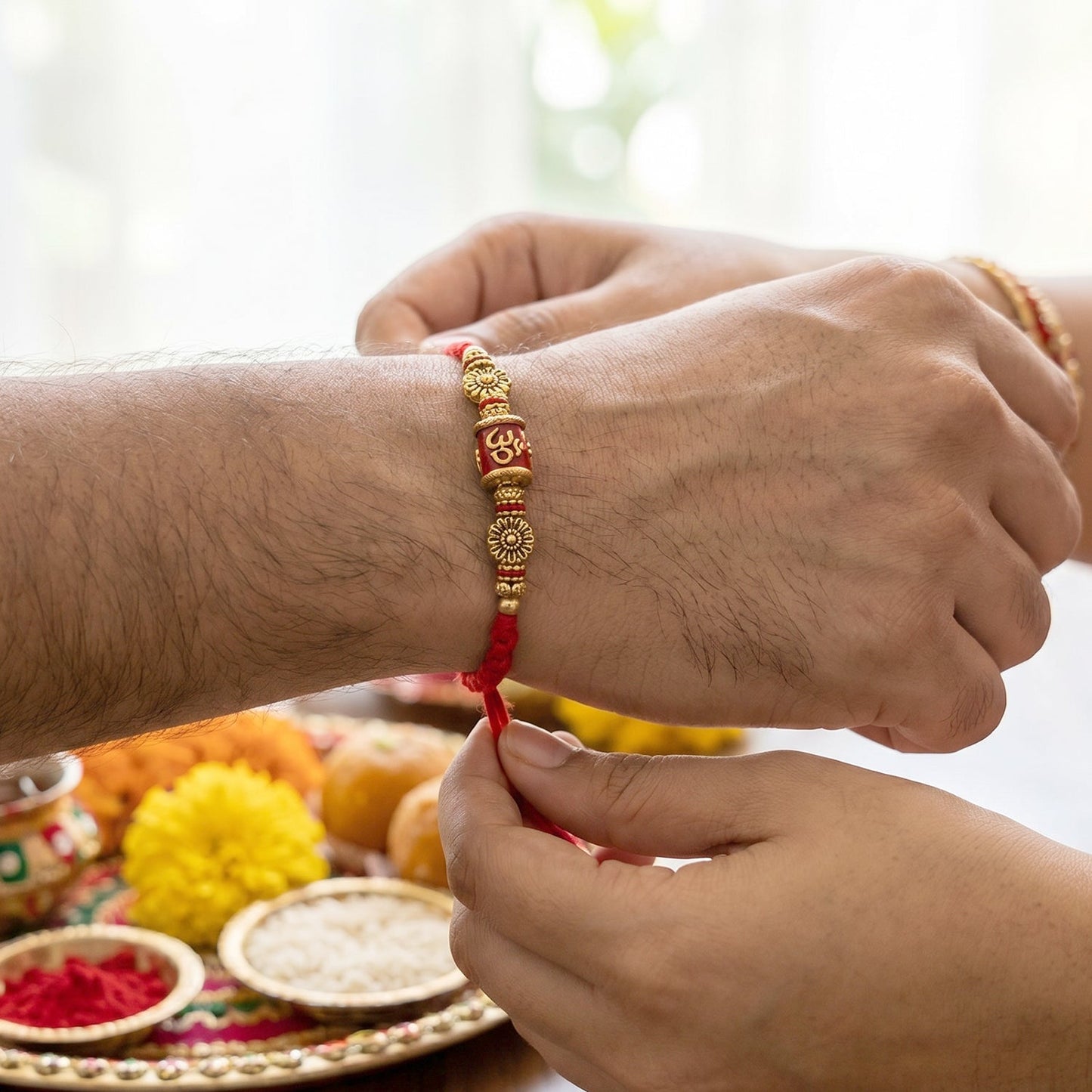 Beautifully displayed Red Gold Bead Rakhi on white background