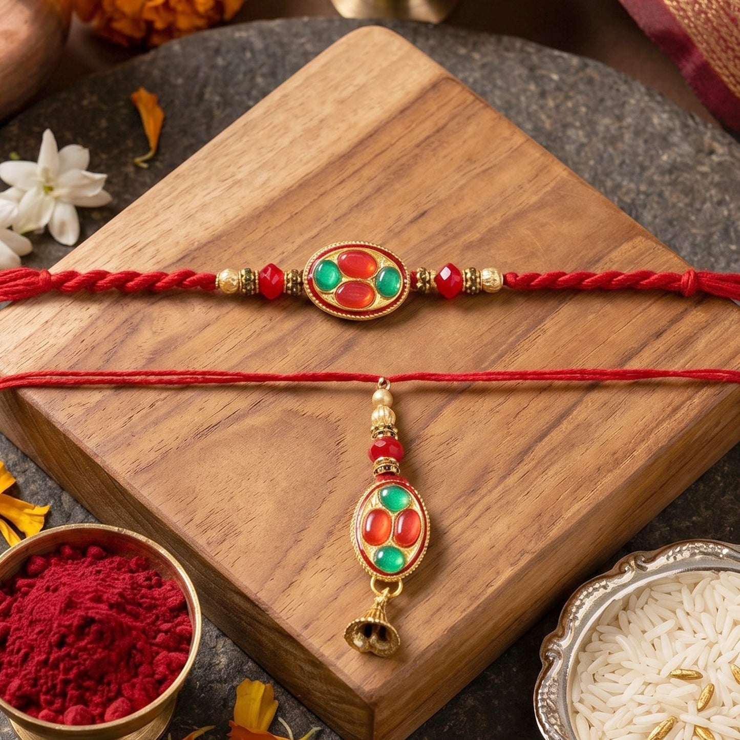 Close-up of oval stone and gold tone latkan on Bhabhi Rakhi