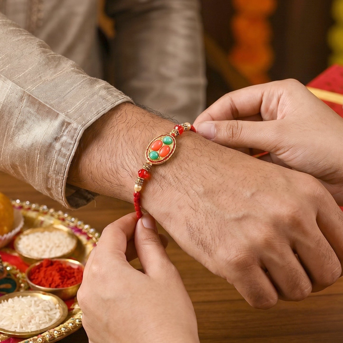 Detail of thread and latkan on oval stone Bhabhi Rakhi