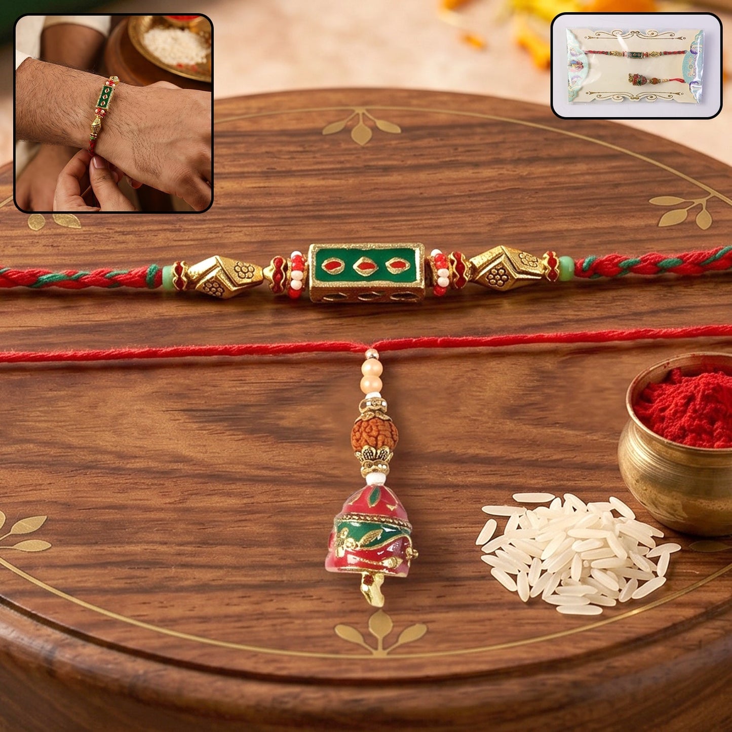Packaging view of Meenakari Rectangle Rakhi, elegant design