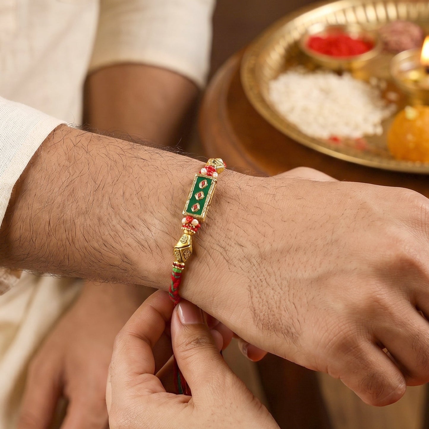 Top view of handcrafted Meenakari rectangle Rakhi with pearl details