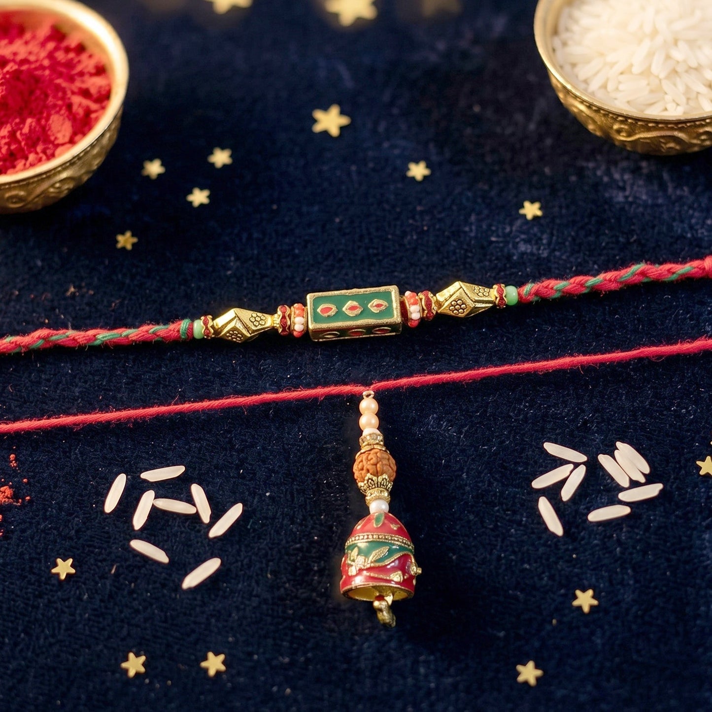 Side angle of Meenakari Rakhi showcasing pearl drop and intricate work