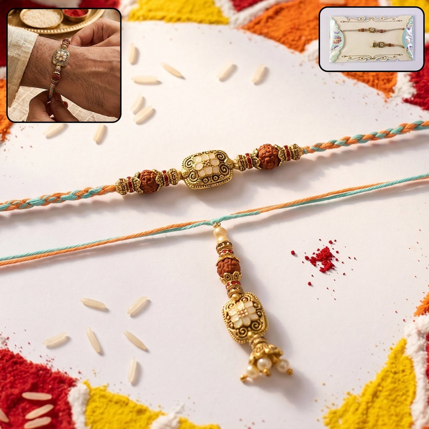 Golden Bead Bhabhi Rakhi with traditional Latkan, front view