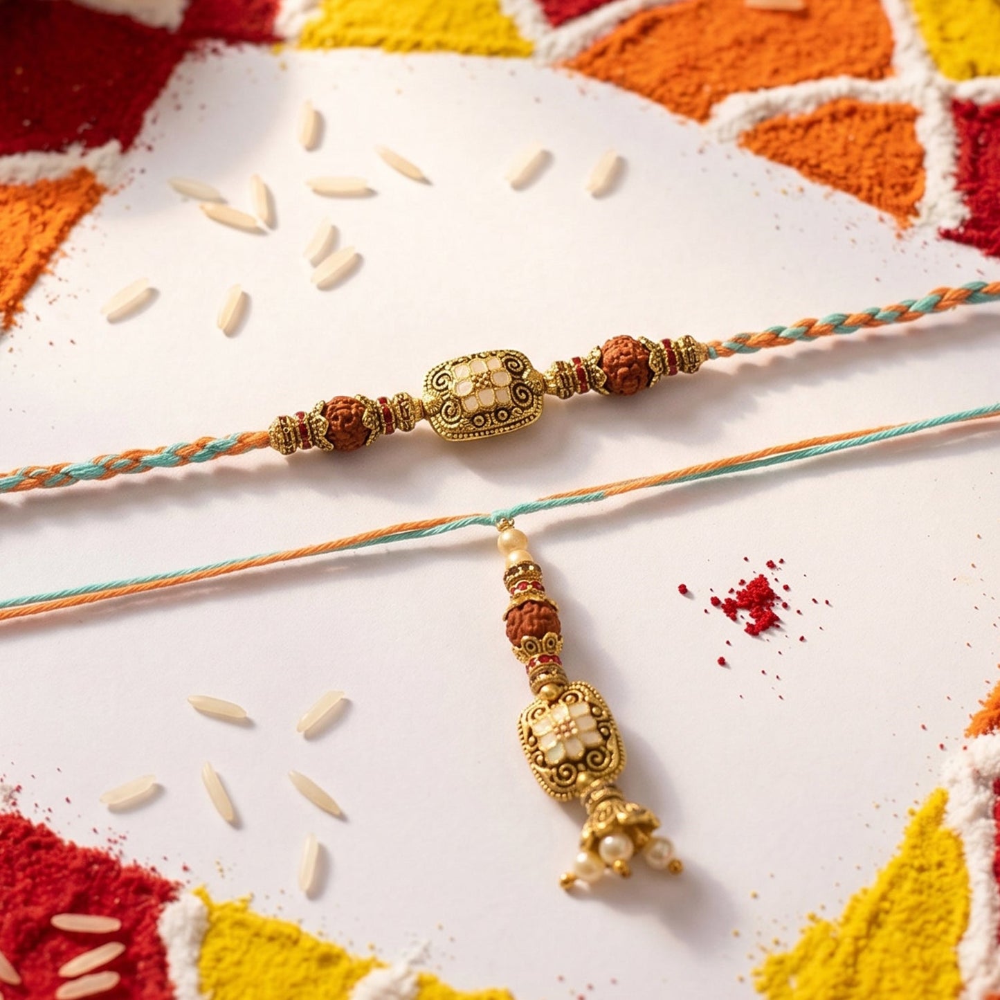 Side angle of Golden Bead Bhabhi Rakhi with Latkan