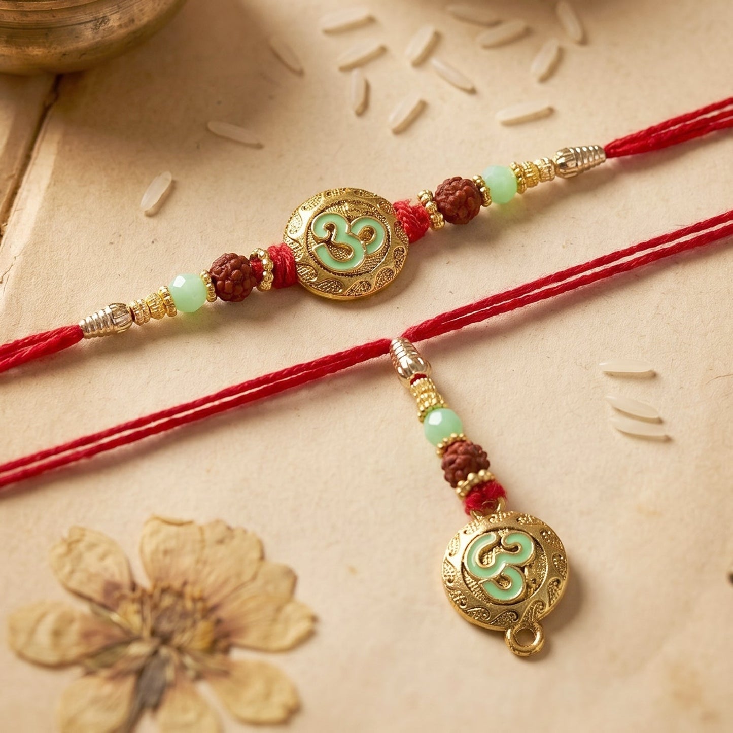 Side view of swirl coin Bhabhi Rakhi with pearl beads