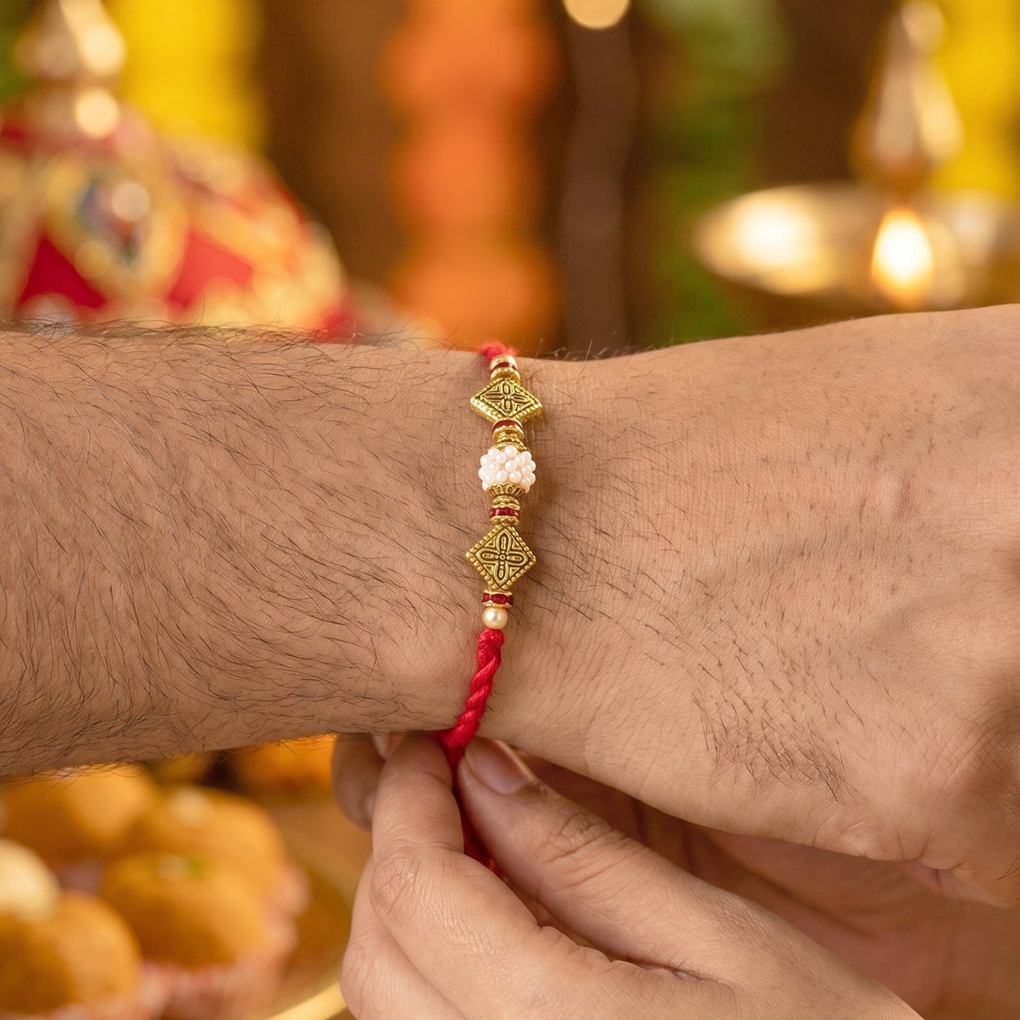 Side view of Pearl Cube Bhabhi Rakhi showcasing design