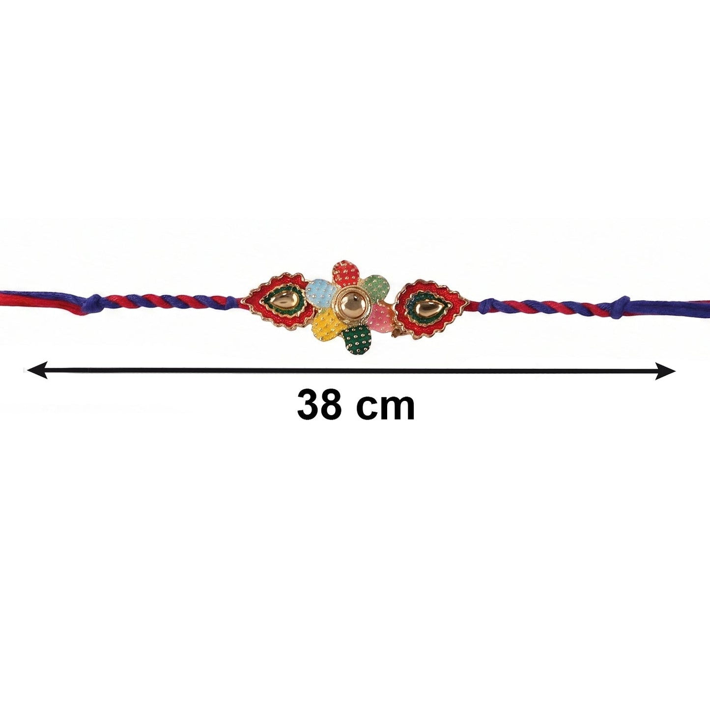 Hand holding multicolor thread Bhabhi Rakhi with floral latkan