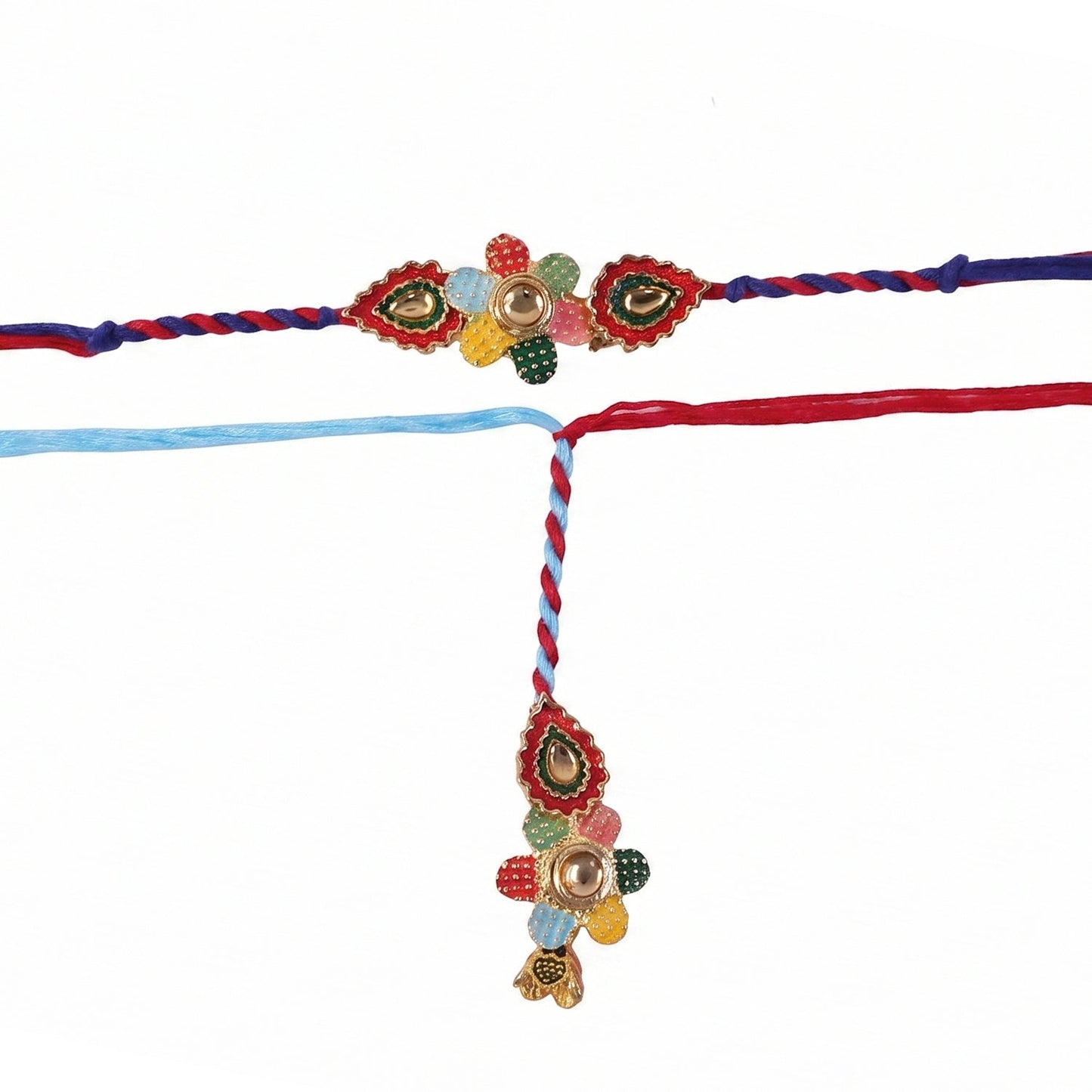 Close-up of multicolor thread Bhabhi Rakhi with floral latkan detail