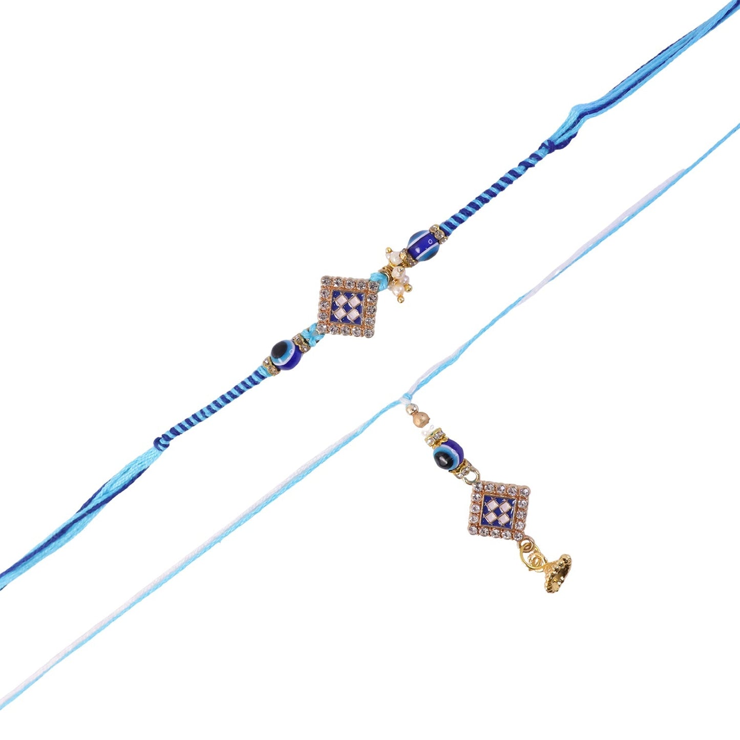 Pearl Bhabhi Rakhi laid out flat showing details of twin charm and design