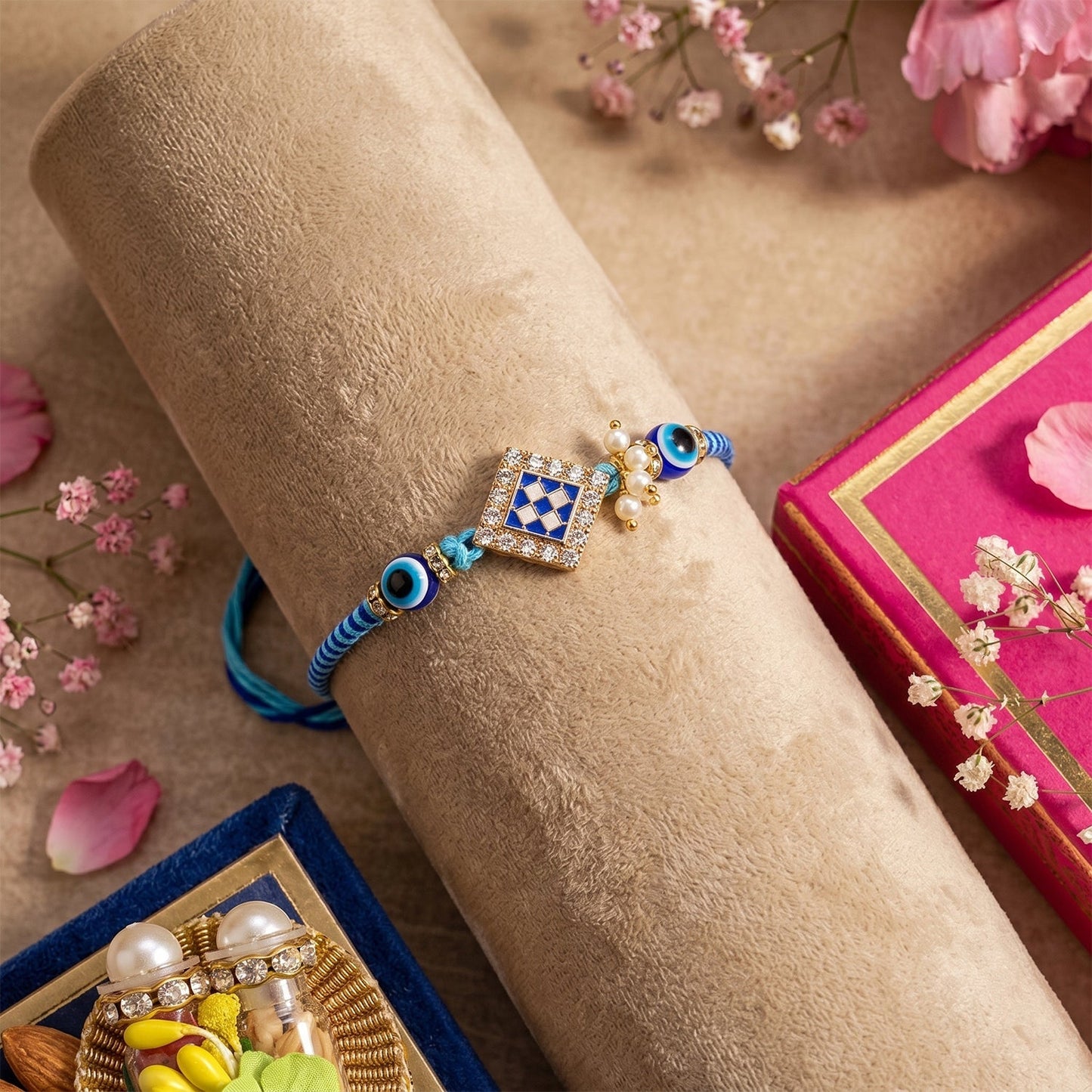 Hand holding the pearl twin charm Bhabhi Rakhi demonstrating size