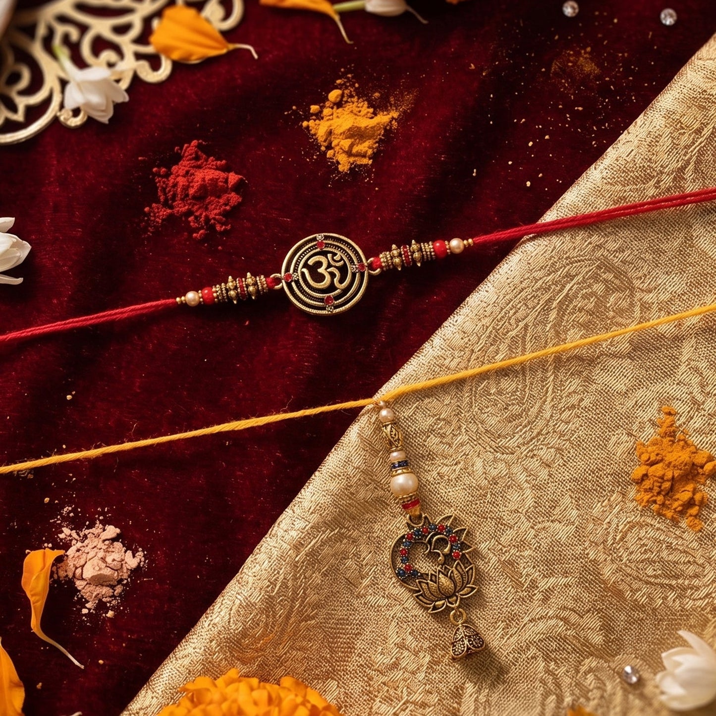 Detailed view of the spiral charm and antique drop on Bhabhi Rakhi
