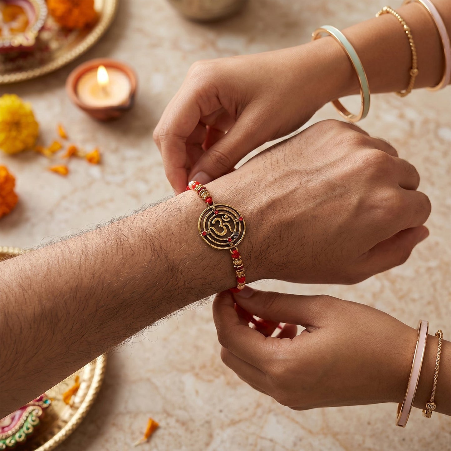 Full view of Spiral Charm Bhabhi Rakhi displaying design and style