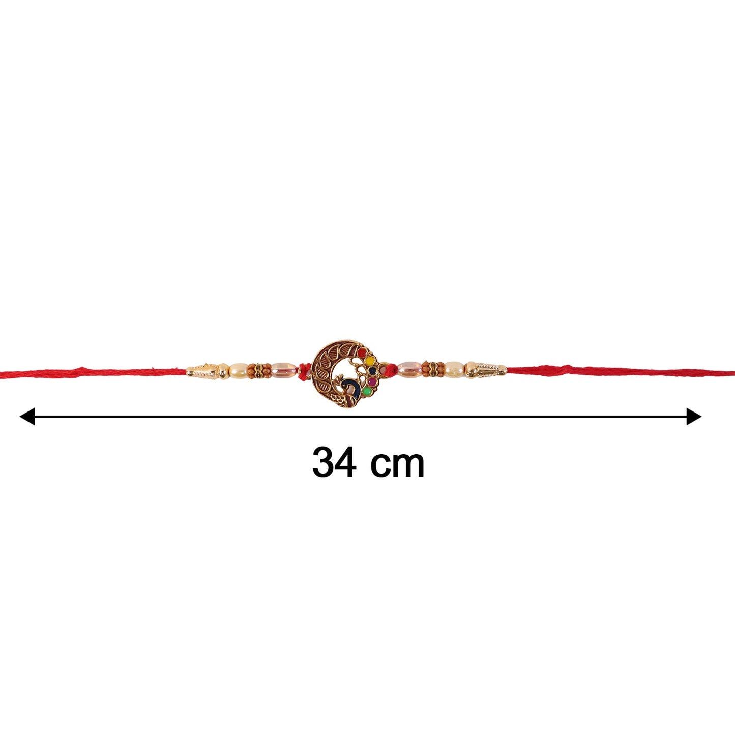 Charming Peacock Motif Bhabhi Rakhi with pearl beads on a surface.